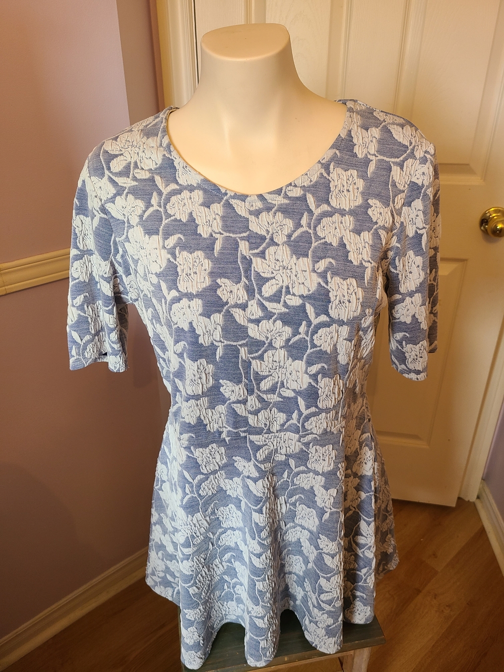 Topshop Blue and White Textured Floral Dress